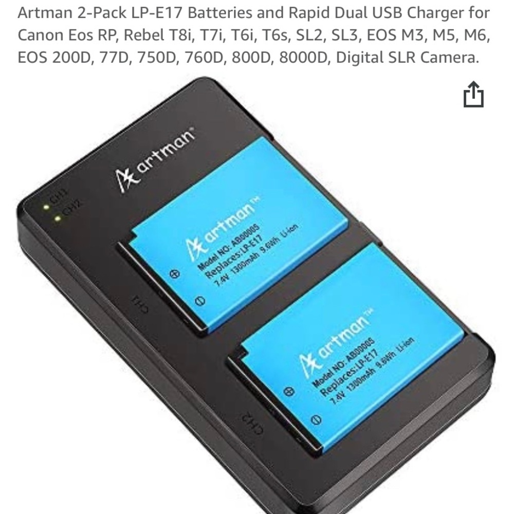 Artman 2-Pack LP-E17 Batteries and Rapid Dual USB Charger